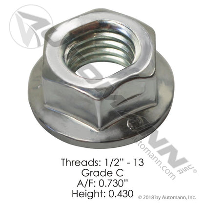 Flanged Lock Nut 1/2in-13 - Heavy Duty Suspension Hardware - Autocar 8397200 Hendrickson 60819000 FLNC102 FLNC102 - Automann - FLEETPRO PARTS & TIRES