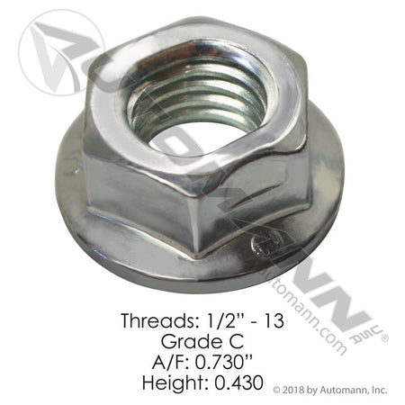 Flanged Lock Nut 1/2in-13 - Heavy Duty Suspension Hardware - Autocar 8397200 Hendrickson 60819000 FLNC102 FLNC102 - Automann - FLEETPRO PARTS & TIRES