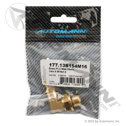 Brass PLC Male Elbow 90 Degree - DOT 1/4in Tube x M16x1.5 Air Brake Fitting - Mack 63AM165 Paccar G38-1088 177.13B154M16