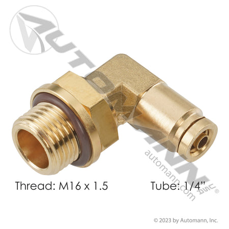 Brass PLC Male Elbow 90 Degree - DOT 1/4in Tube x M16x1.5 Air Brake Fitting - Mack 63AM165 Paccar G38-1088 177.13B154M16