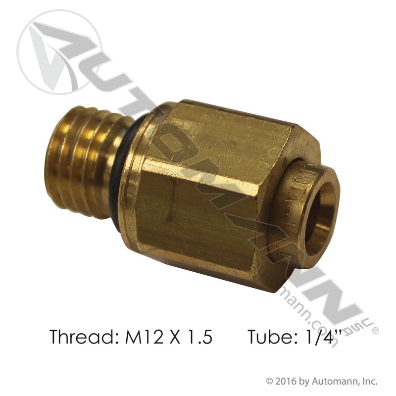 Brass Push-Lock Male Connector - 1/4" Tube x M12 x 1.5 Deep Hex Air Brake Fitting - Volvo 20510630 Parker 68PTC-4-MA12 177.13B684M12V