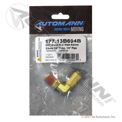 Brass Push-to-Connect (PLC) Swivel Male Elbow - 1/4" Tube x 1/4" NPT 90 Degree - Eaton 1869X4X4S Tectran PL13694B 177.13B694B