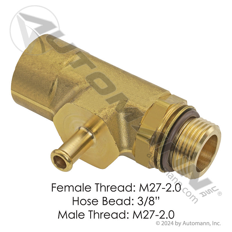 Brass DEF Coolant & Sleeper Heater Tee Fitting - M27x2.0 x 3/8in Bead x M27x2.0 for PACCAR MX-11 MX-13 - Replaces Paccar V38-6040 177.8846M27