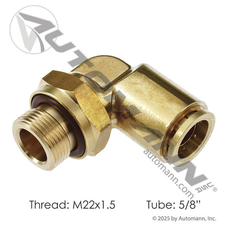 Brass Push-to-Connect (PLC) Male Swivel Elbow - 5/8" Tube x M22 x 1.5 - Volvo 20378449 Haldex APM69S10XM22 177.13B6910M22