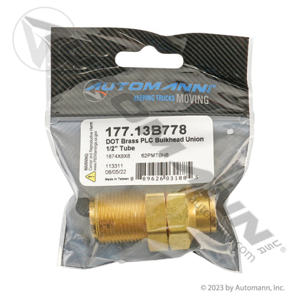 Brass Push-Lock Bulkhead Union - 1/2" DOT Nylon Air Brake Tubing - Replaces Parker 62PMTBH-8 Gates G31300-0808 177.13B62BH8