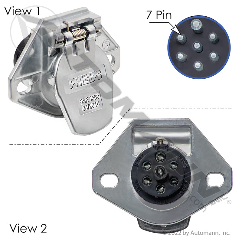 7 Pin Socket - Solid Pin Wire Insertion Zinc Die-Cast 2 Hole Mount - Phillips 15-721 Grote 82-1005 PHI15-721