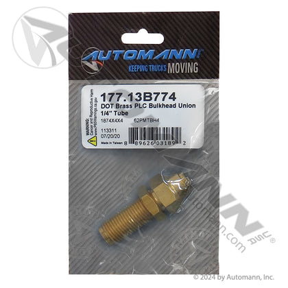 Brass Push-Lock Bulkhead Union - 1/4" DOT Nylon Air Brake Tubing - Replaces Parker 62PMTBH-4 Gates G31300-0404 177.13B62BH4