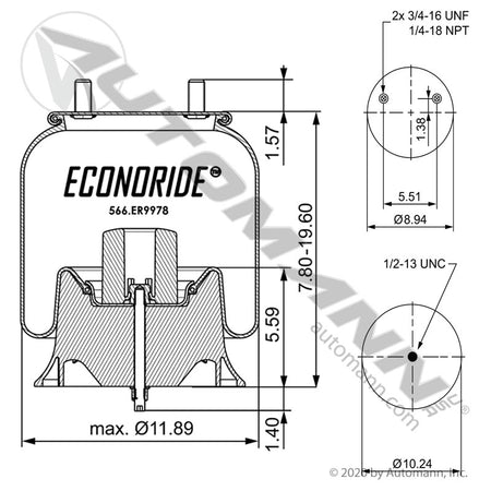 Econoride Rolling Lobe Air Spring - Hendrickson Vantraax P959 Type - Firestone 9978 Contitech 67588 566.ER9978