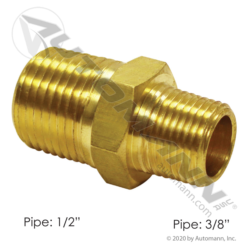 Reducing Brass Hex Nipple - 1/2in x 3/8in Male NPT - DOT Air Brake Fitting - Eaton 3325X8X6 Parker 216P86 177.9122DC