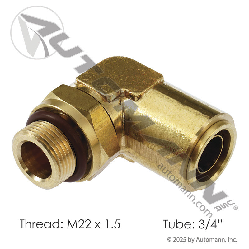 Brass Push-to-Connect (PLC) Male Swivel Elbow - 3/4" Tube x M22 x 1.5 - Volvo 20462691 IHC 3826347C1 177.13B6912M22