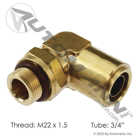 Brass Push-to-Connect (PLC) Male Swivel Elbow - 3/4" Tube x M22 x 1.5 - Volvo 20462691 IHC 3826347C1 177.13B6912M22