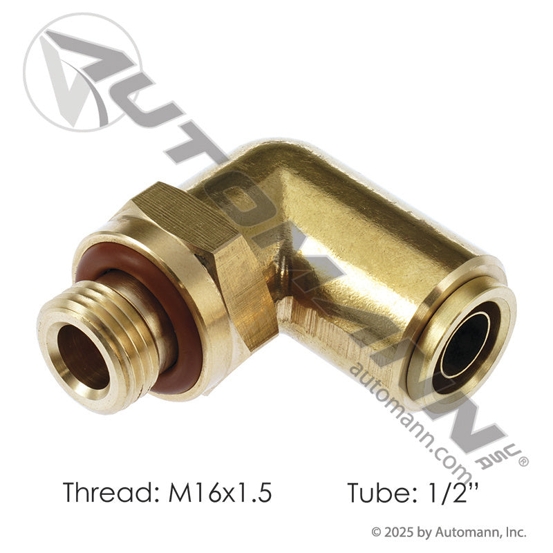 Brass Push-Lock Male Swivel Elbow - 1/2in Tube x M16 x 1.5 Metric Thread - Volvo 20515114 Parker 169PTCNSL-8-M16 177.13B698M16