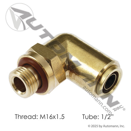 Brass Push-Lock Male Swivel Elbow - 1/2in Tube x M16 x 1.5 Metric Thread - Volvo 20515114 Parker 169PTCNSL-8-M16 177.13B698M16