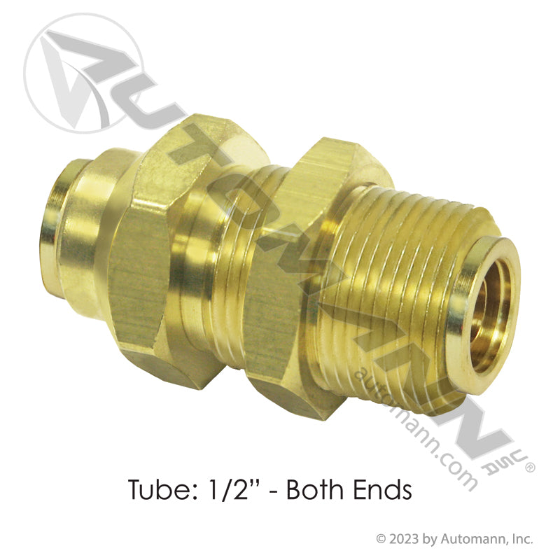 Brass Push-Lock Bulkhead Union - 1/2" DOT Nylon Air Brake Tubing - Replaces Parker 62PMTBH-8 Gates G31300-0808 177.13B62BH8