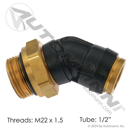 PLC 45 Degree Swivel Male Elbow - DOT 1/2in Tube x M22x1.5 O-Ring - Replaces Parker 379PTCR-8-MA22 177.12C748M22