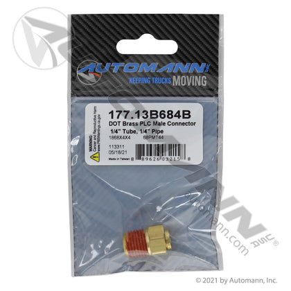 Brass Push-Lock Male Connector - 1/4" Tube x 1/4" NPT DOT Air Brake Fitting - Eaton 1868X4X4 Tectran PL13684B 177.13B684B