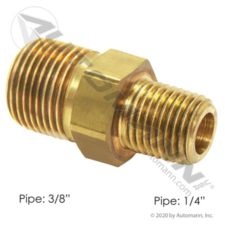 Reducing Brass Hex Nipple - 3/8in x 1/4in Male NPT - DOT Air Brake Fitting - Eaton 3325X6X4 Parker 216P64 177.9122CB