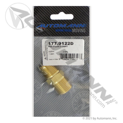 Brass Hex Nipple - Two 1/2in Male NPT Ends - Eaton 3325X8 Parker 216P8 177.9122D