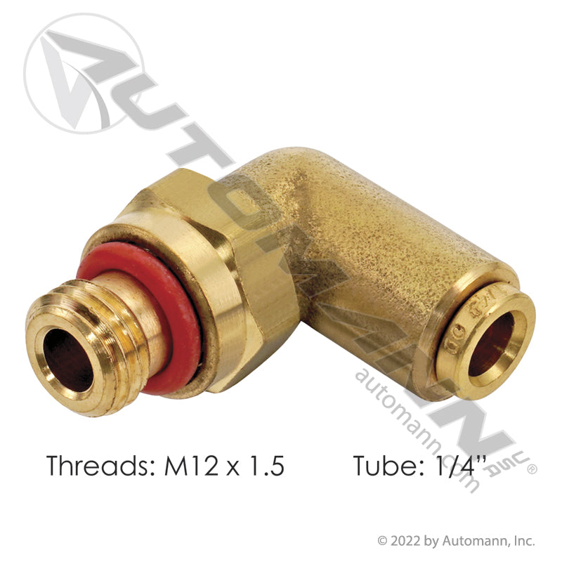 Brass Push-to-Connect (PLC) Male Swivel Elbow - 1/4" Tube x M12 x 1.5 - Volvo 994146 Freightliner 23-13255-000 Haldex APM69S4XM12 177.13B694M12
