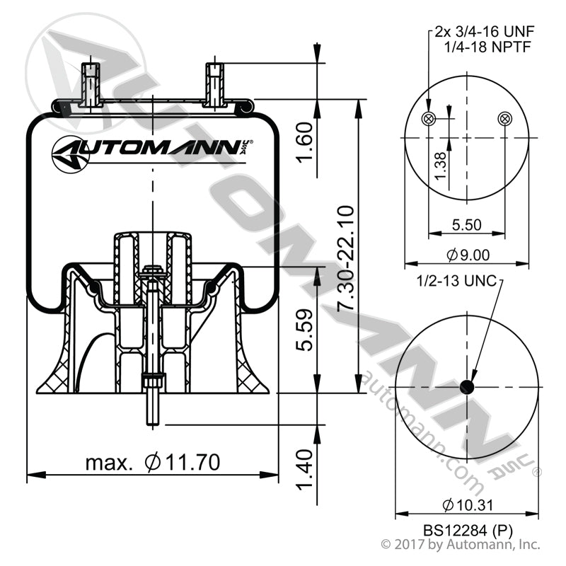 Automann Phoenix Rolling Lobe Air Spring - Hendrickson Intraax 23K Vantraax 46K - Firestone 9626 S-23720 AB1DK20J-9626