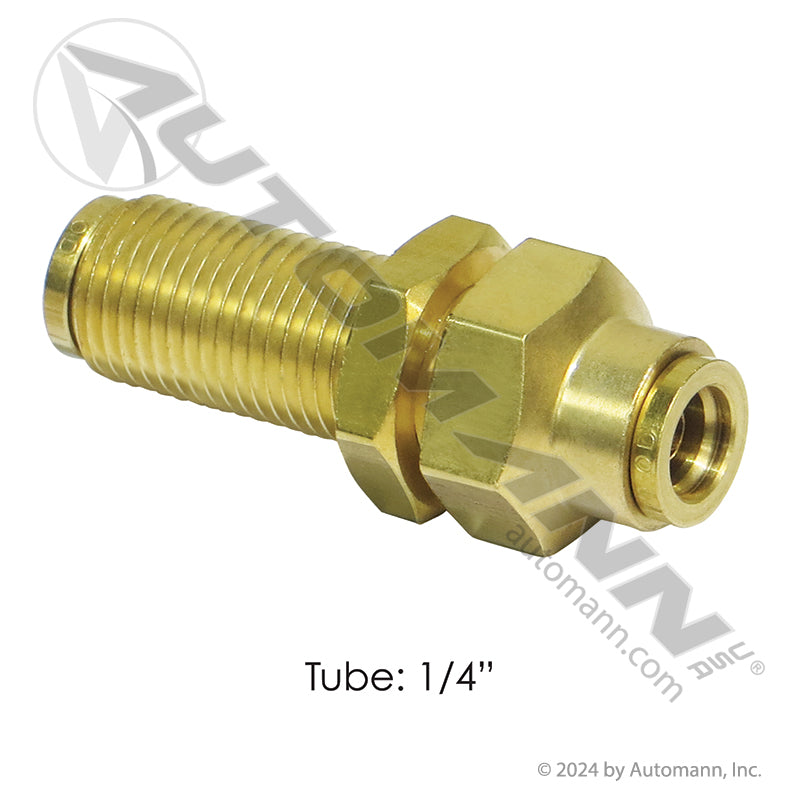Brass Push-Lock Bulkhead Union - 1/4" DOT Nylon Air Brake Tubing - Replaces Parker 62PMTBH-4 Gates G31300-0404 177.13B62BH4