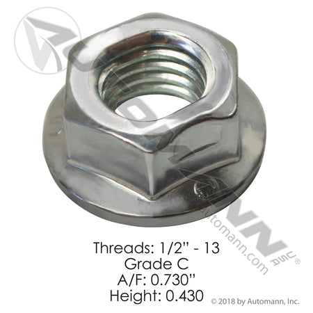 Flanged Lock Nut 1/2in-13 - Heavy Duty Suspension Hardware - Autocar 8397200 Hendrickson 60819000 FLNC102