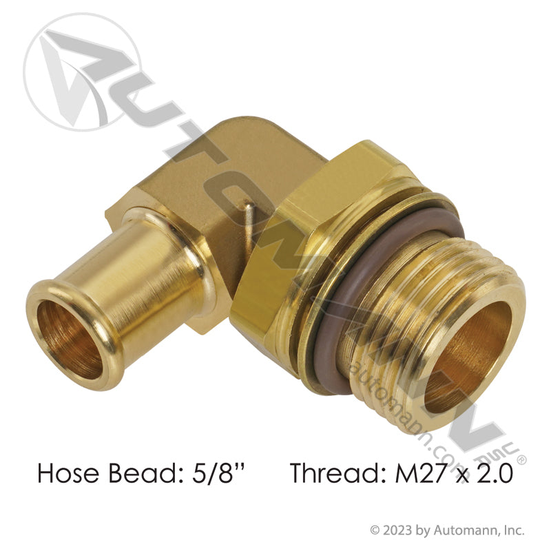 Brass Bead Fitting 90 Degree - 5/8in Hose x M27x2.0 Coolant & Air Line Fitting - Replaces Paccar V38-1019 177.88310M27