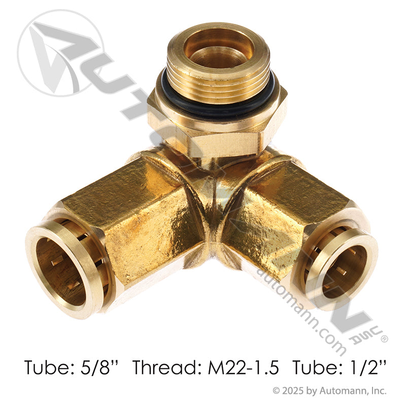 Brass Push-Lock 3-Way Air Adapter - M22 x 1.5 Thread x 1/2in x 5/8in PLC - IHC 3819960C1 177.13B79108M22