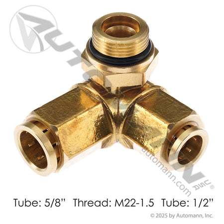 Brass Push-Lock 3-Way Air Adapter - M22 x 1.5 Thread x 1/2in x 5/8in PLC - IHC 3819960C1 177.13B79108M22