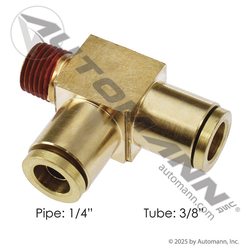 Brass Push-Lock Male Run Tee - Two 3/8in Tube Ends x 1/4in Rigid Pipe - Parker 171PMTNS-6-4 Gates G31130-0406 177.13B756B