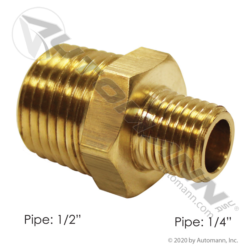 Reducing Brass Hex Nipple - 1/2in x 1/4in Male NPT - DOT Air Brake Fitting - Eaton 3325X8X4 Parker 216P84 177.9122DB