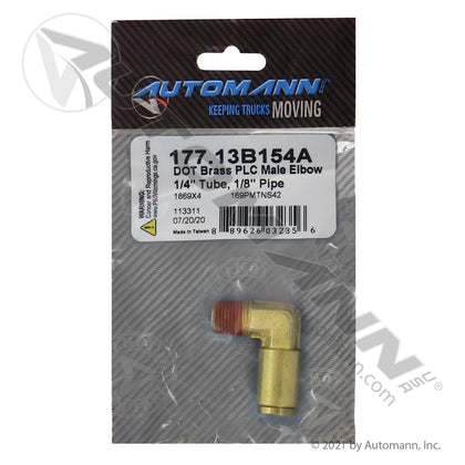 Brass PLC Male Elbow 90 Degree - DOT 1/4in Tube x 1/8in NPT Air Brake Fitting - Replaces Eaton 1869X4 Parker 169PMTNS42 177.13B154A