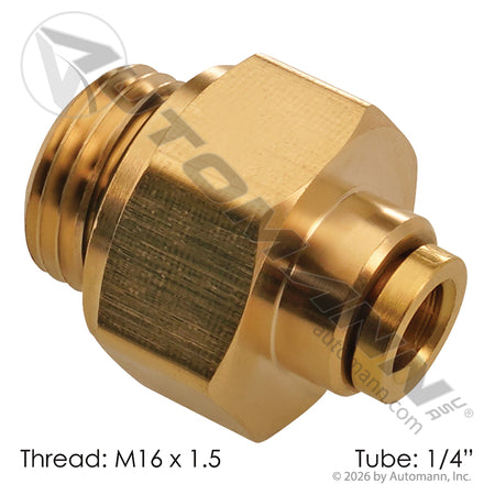 Brass Push-Lock Male Connector - 1/4" Tube x M16 x 1.5 Air Brake Fitting - Volvo 20566175 20448956 Parker 68PTC-4-MA16 177.13B684M16
