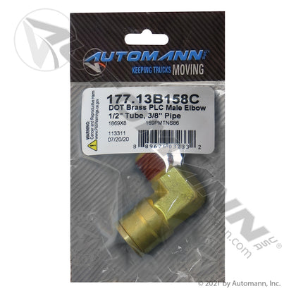 Brass Push-Lock Male Elbow - 1/2" Tube x 3/8" NPT 90 Degree DOT Air Brake Fitting - Replaces Eaton 1869X8 177.13B158C